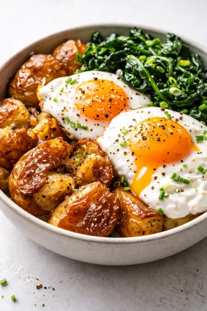 Golden crispy smashed potato breakfast bowl with runny egg, bacon, and chives, surrounded by colorful toppings.