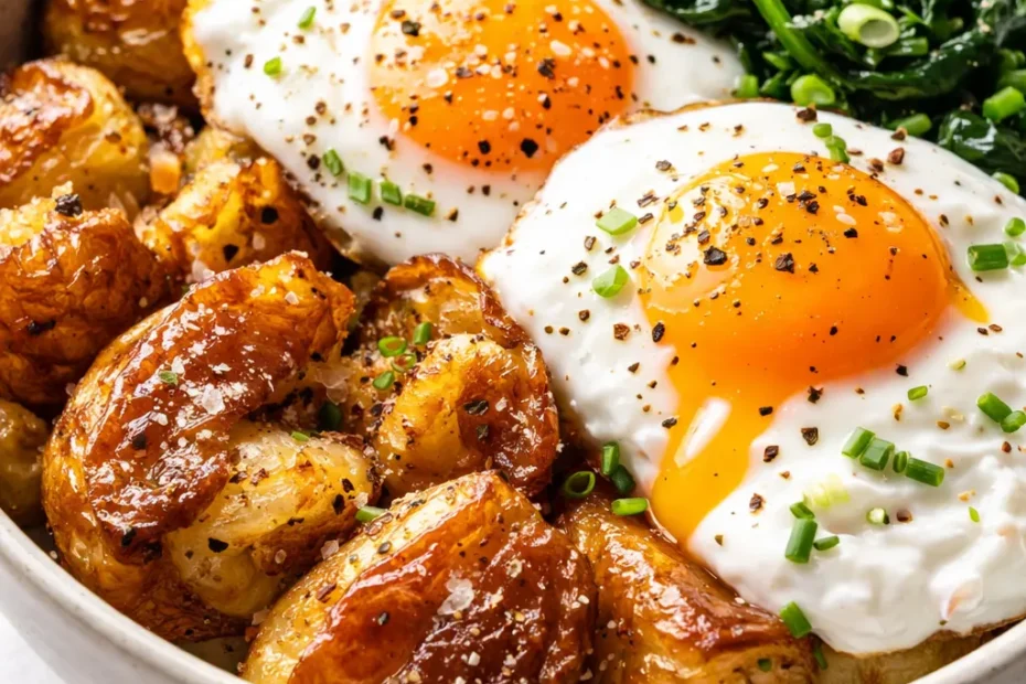 Golden crispy smashed potato breakfast bowl with runny egg, bacon, and chives, surrounded by colorful toppings.
