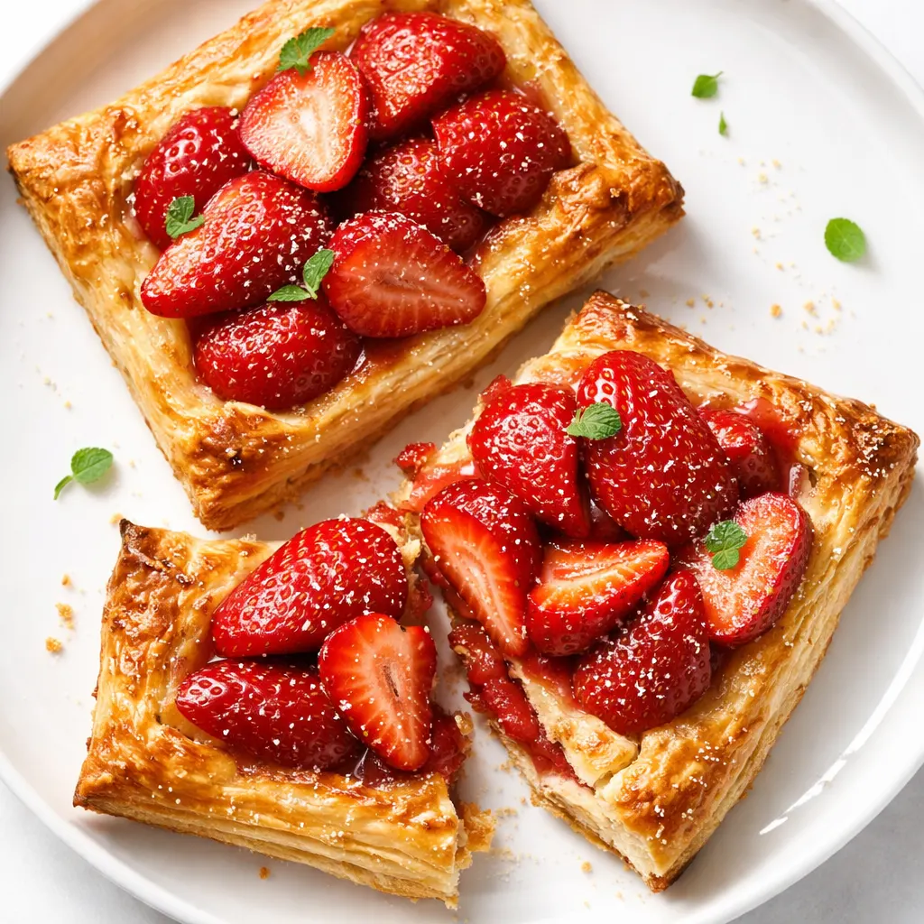 Golden, flaky puff pastry tarts topped with fresh strawberries and whipped cream, drizzled with honey for a glossy finish.