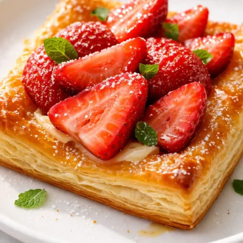 Golden flaky puff pastry tarts topped with fresh strawberries, whipped cream, and a glossy strawberry glaze, crispy strawberry puff pastry tarts.