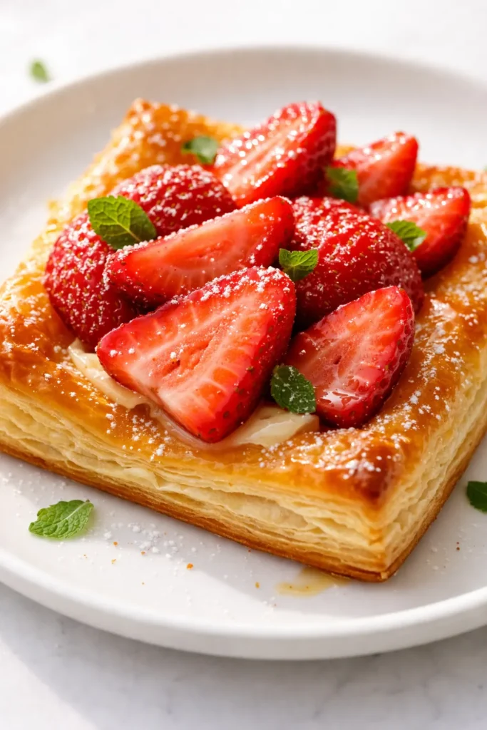 Golden flaky puff pastry tarts topped with fresh strawberries, whipped cream, and a glossy strawberry glaze, crispy strawberry puff pastry tarts.