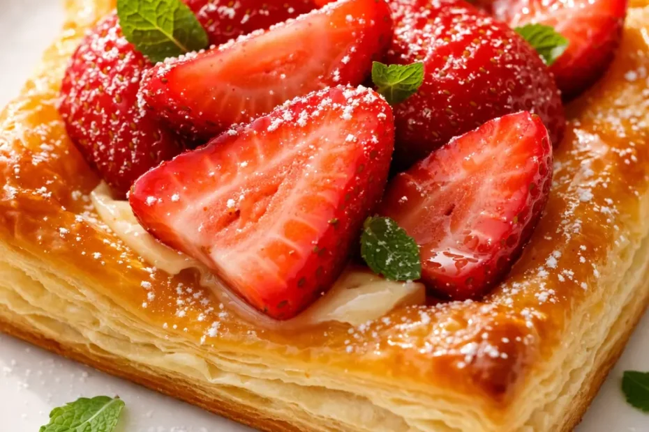 Golden flaky puff pastry tarts topped with fresh strawberries, whipped cream, and a glossy strawberry glaze, crispy strawberry puff pastry tarts.
