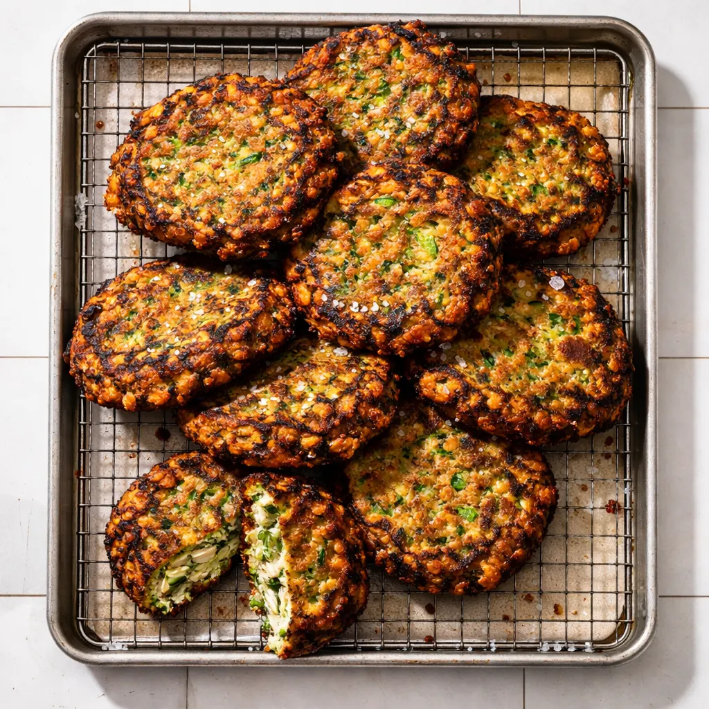 Crispy golden zucchini fritters piled on a plate with a side of creamy dipping sauce, highlighting their crunchy exterior and tender green-speckled interior.