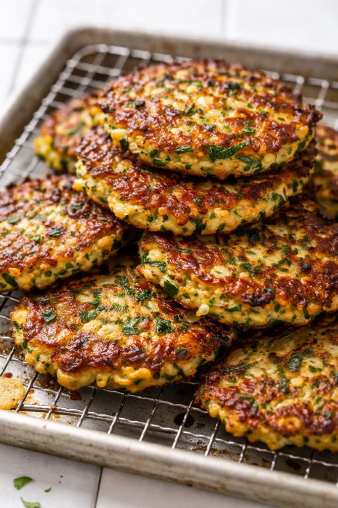 Golden brown crispy zucchini fritters with a crunchy exterior, piled on a plate with creamy dipping sauce, showing green flecks of zucchini.