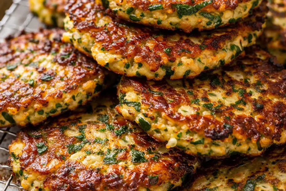 Golden brown crispy zucchini fritters with a crunchy exterior, piled on a plate with creamy dipping sauce, showing green flecks of zucchini.
