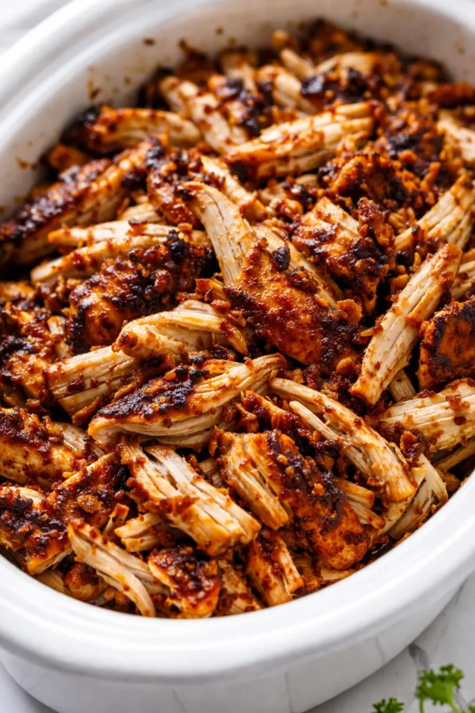 Shredded crockpot BBQ chicken piled on a bun with glistening sauce, tender and juicy.