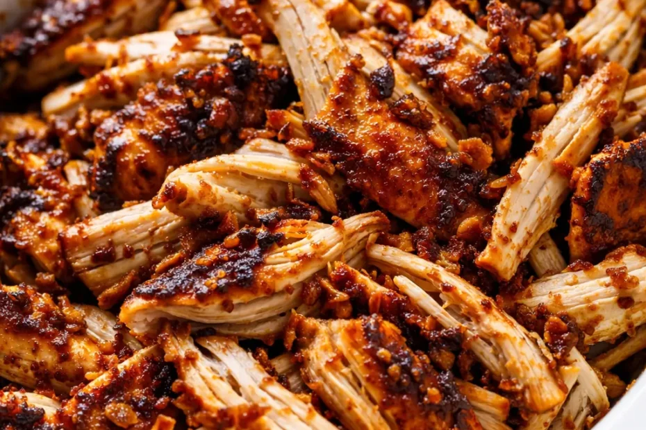Shredded crockpot BBQ chicken piled on a bun with glistening sauce, tender and juicy.