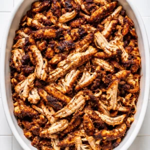 Tender shredded crockpot BBQ chicken in a slow cooker, coated in rich smoky sauce, glistening and golden brown.