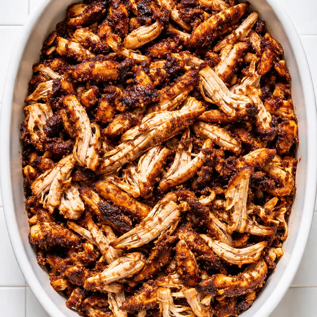 Tender shredded crockpot BBQ chicken in a slow cooker, coated in rich smoky sauce, glistening and golden brown.
