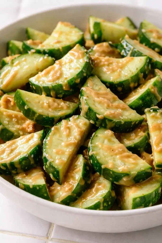 A refreshing cucumber and peanut butter salad with crunchy cucumber slices, creamy peanut butter dressing, and fresh herbs, ready in 15 minutes.