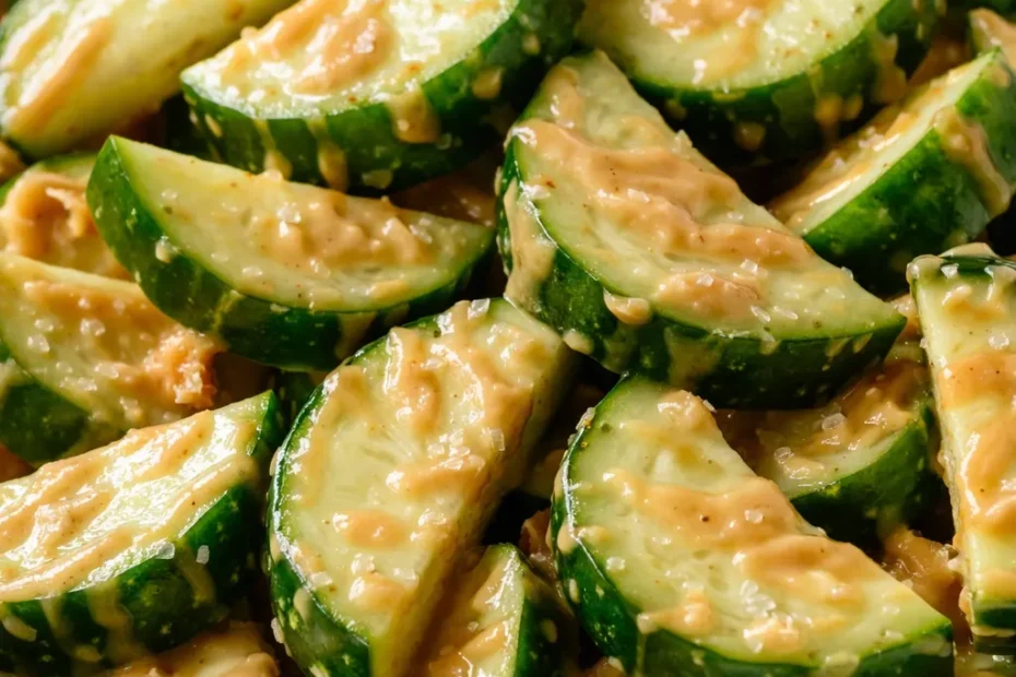 A refreshing cucumber and peanut butter salad with crunchy cucumber slices, creamy peanut butter dressing, and fresh herbs, ready in 15 minutes.
