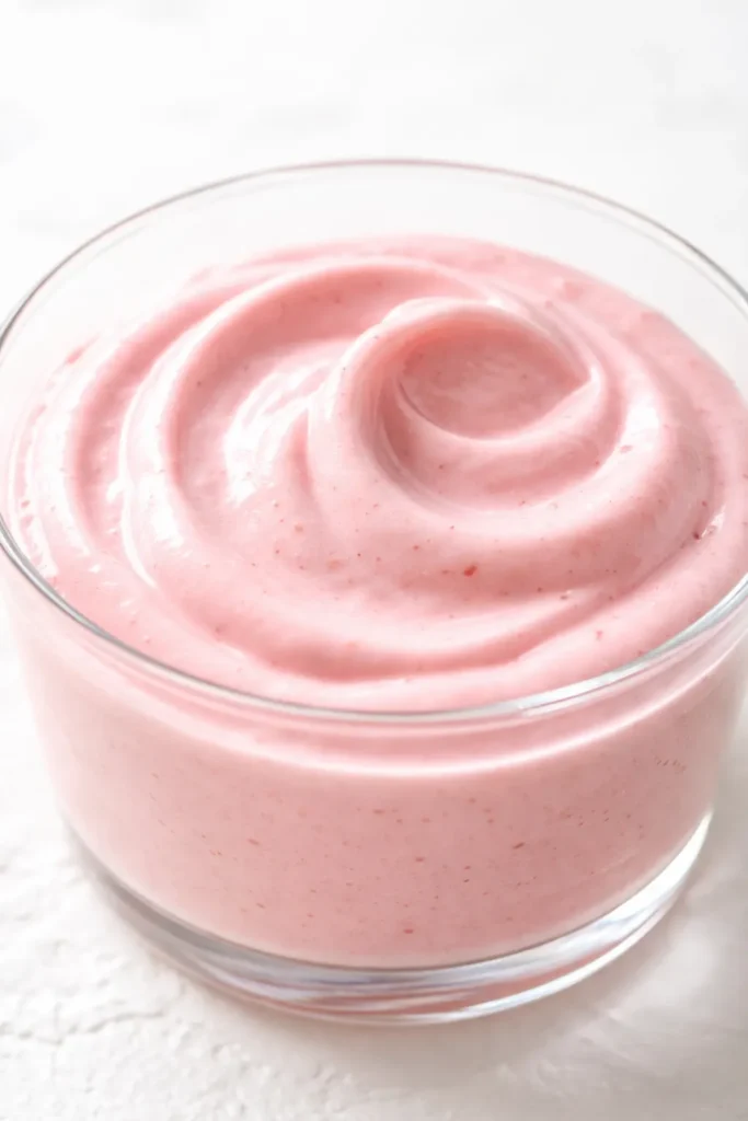 Light and creamy easy fresh strawberry mousse garnished with sliced strawberries, showcasing its smooth texture and vibrant pink color.