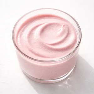 Whisking fresh strawberry puree into whipped cream for easy strawberry mousse, vibrant pink and fluffy texture.