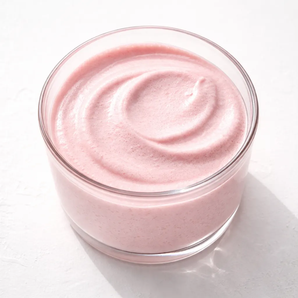 Whisking fresh strawberry puree into whipped cream for easy strawberry mousse, vibrant pink and fluffy texture.