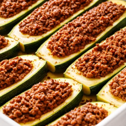 Firm and flavorful easy ground beef zucchini boats topped with melted golden cheese, served on a white plate with fresh parsley garnish.