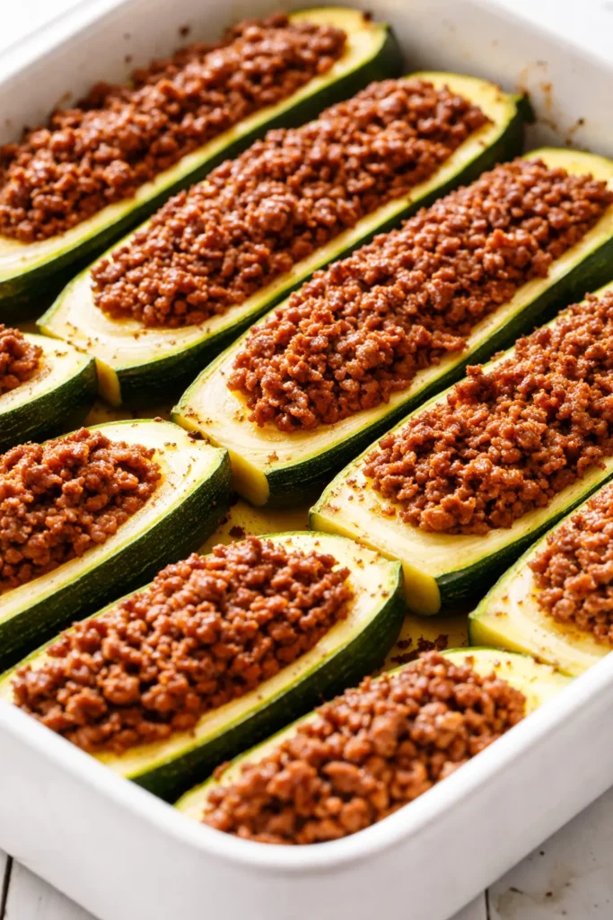 Firm and flavorful easy ground beef zucchini boats topped with melted golden cheese, served on a white plate with fresh parsley garnish.
