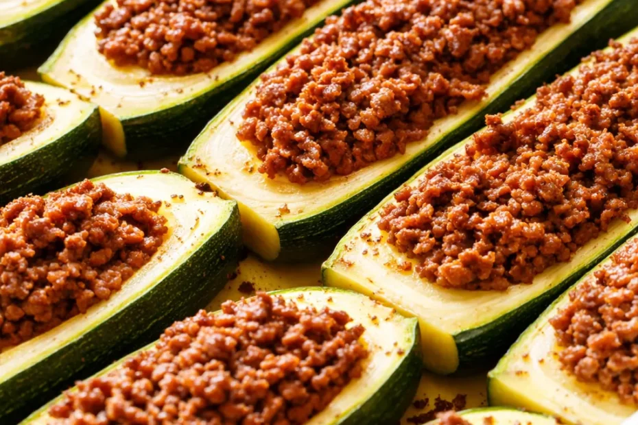 Firm and flavorful easy ground beef zucchini boats topped with melted golden cheese, served on a white plate with fresh parsley garnish.