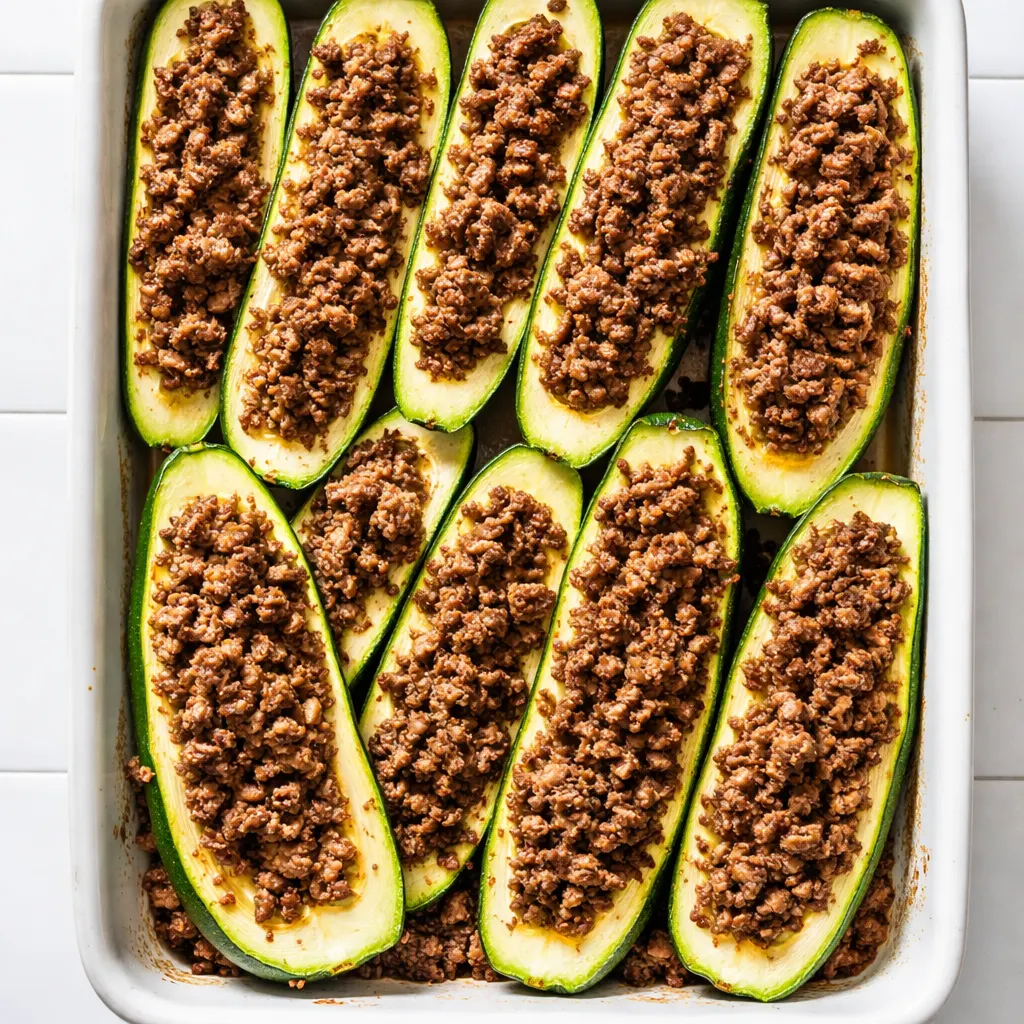 Bright green zucchini halves being filled with seasoned ground beef, melted cheese, and herbs for firm, flavorful boats.