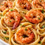 Creamy garlicky easy marry me shrimp pasta with plump shrimp in a rich parmesan sauce, garnished with fresh parsley.