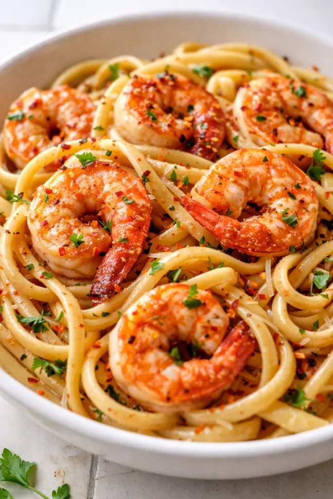 Creamy garlicky easy marry me shrimp pasta with plump shrimp in a rich parmesan sauce, garnished with fresh parsley.