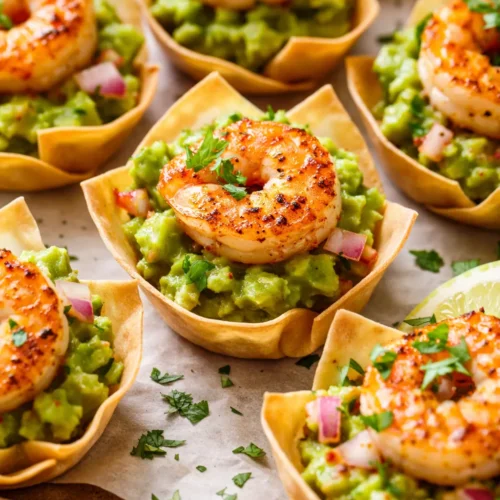 Crispy golden shrimp atop creamy green guacamole on tortilla chips, garnished with cherry tomatoes and fresh cilantro.