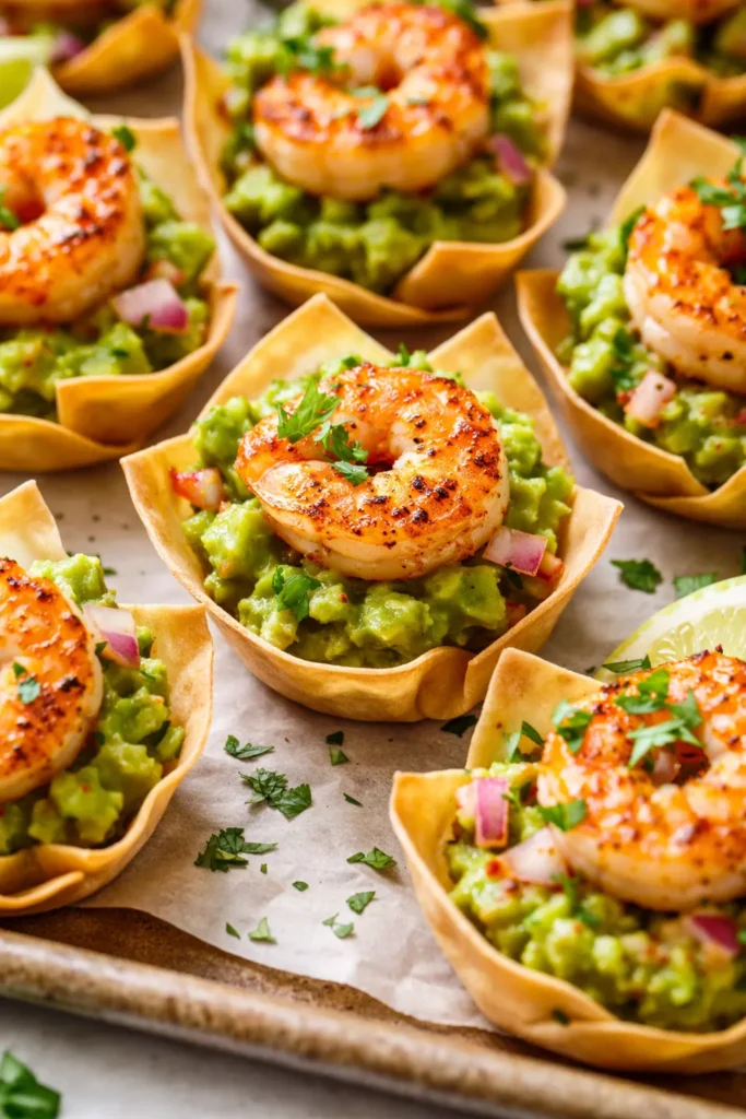 Crispy golden shrimp atop creamy green guacamole on tortilla chips, garnished with cherry tomatoes and fresh cilantro.