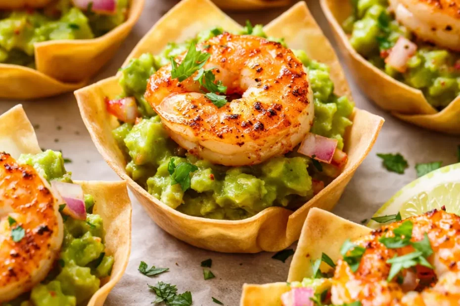 Crispy golden shrimp atop creamy green guacamole on tortilla chips, garnished with cherry tomatoes and fresh cilantro.