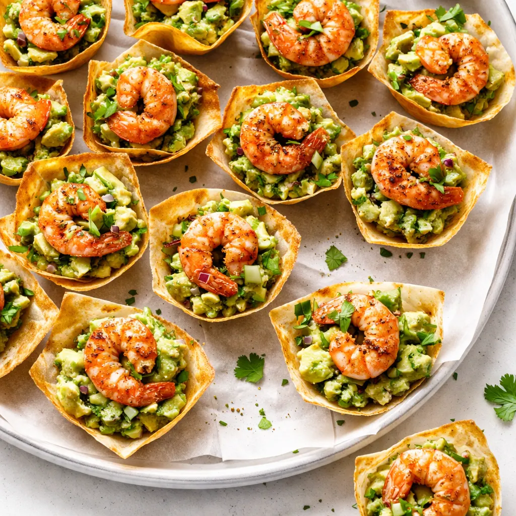 Assembling shrimp guacamole bites on a white platter, creamy green guacamole and pink shrimp on crunchy tortilla chips.
