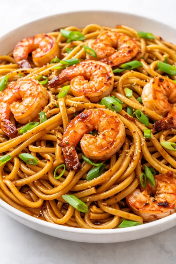 Glistening lo mein noodles with succulent shrimp, crisp red bell peppers, and snap peas, garnished with sliced green onions, coated in a savory glossy sauce.