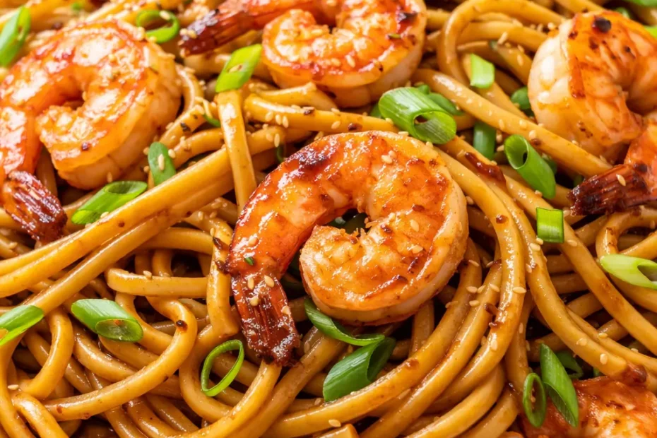 Glistening lo mein noodles with succulent shrimp, crisp red bell peppers, and snap peas, garnished with sliced green onions, coated in a savory glossy sauce.