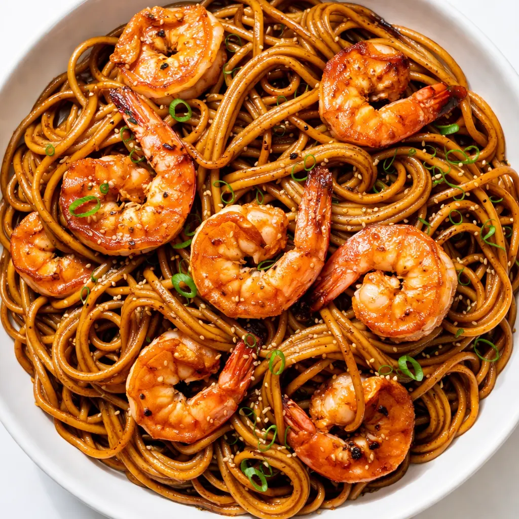 Glossy lo mein noodles with succulent shrimp, red bell pepper, and scallions in a savory brown sauce.