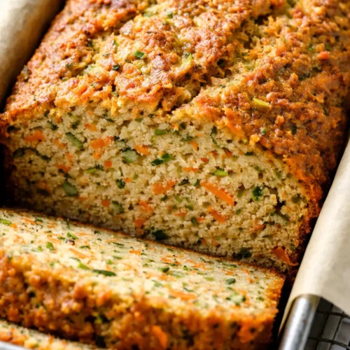 Moist farmhouse carrot zucchini bread loaf with golden crust and visible flecks of carrot and zucchini