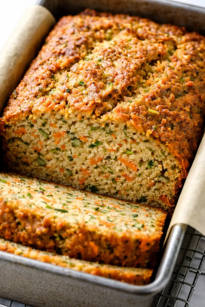 Moist farmhouse carrot zucchini bread loaf with golden crust and visible flecks of carrot and zucchini