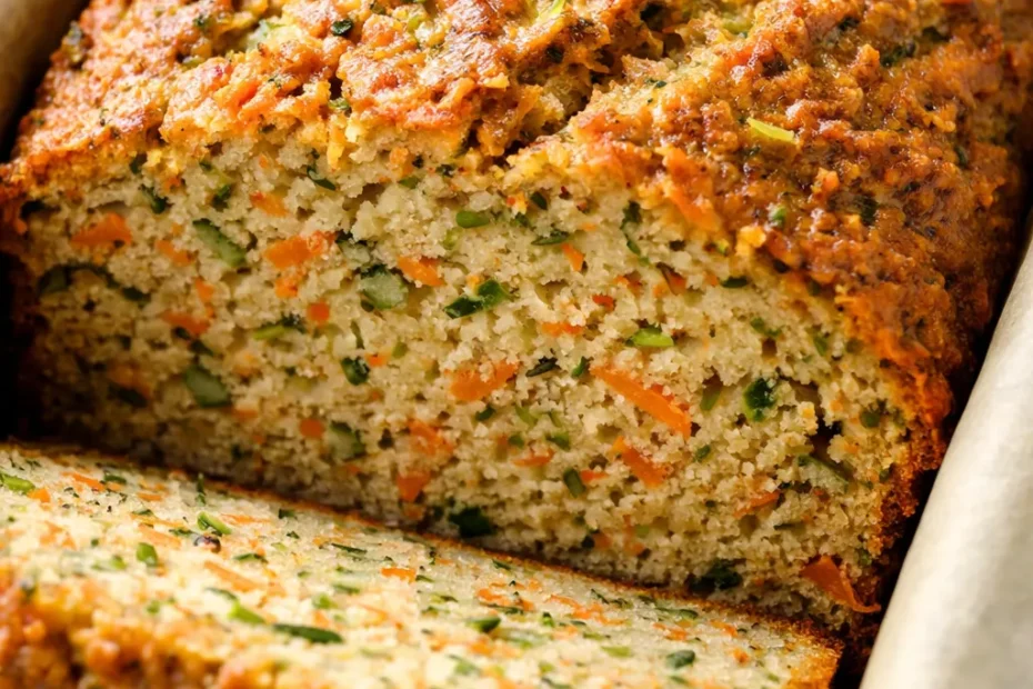 Moist farmhouse carrot zucchini bread loaf with golden crust and visible flecks of carrot and zucchini