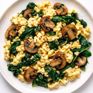 Fluffy scrambled eggs with sauteed mushrooms and wilted spinach in a nonstick pan, golden and tender.