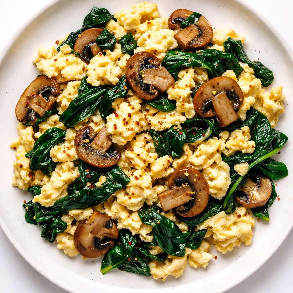Fluffy scrambled eggs with sauteed mushrooms and wilted spinach in a nonstick pan, golden and tender.