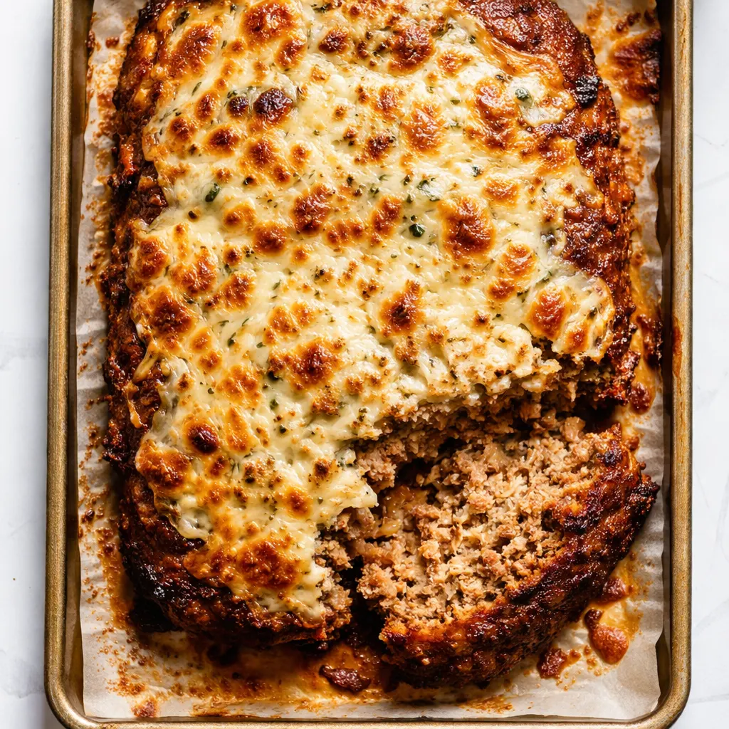 Juicy French onion meatloaf with melted Gruyère cheese, golden crust, and caramelized onion topping.