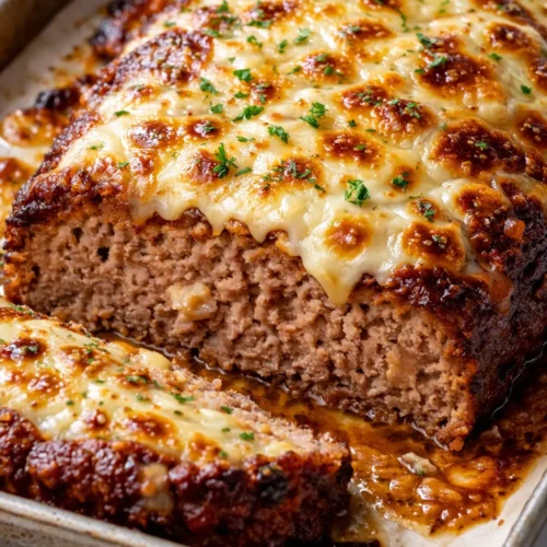 Juicy French onion meatloaf with a golden brown crust and melted Gruyère cheese dripping over the top.