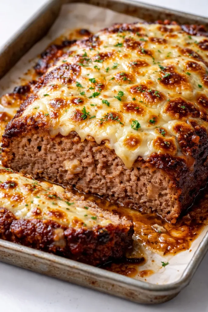 Juicy French onion meatloaf with a golden brown crust and melted Gruyère cheese dripping over the top.