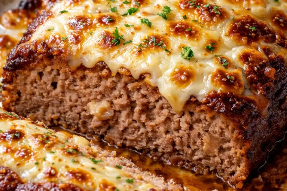 Juicy French onion meatloaf with a golden brown crust and melted Gruyère cheese dripping over the top.
