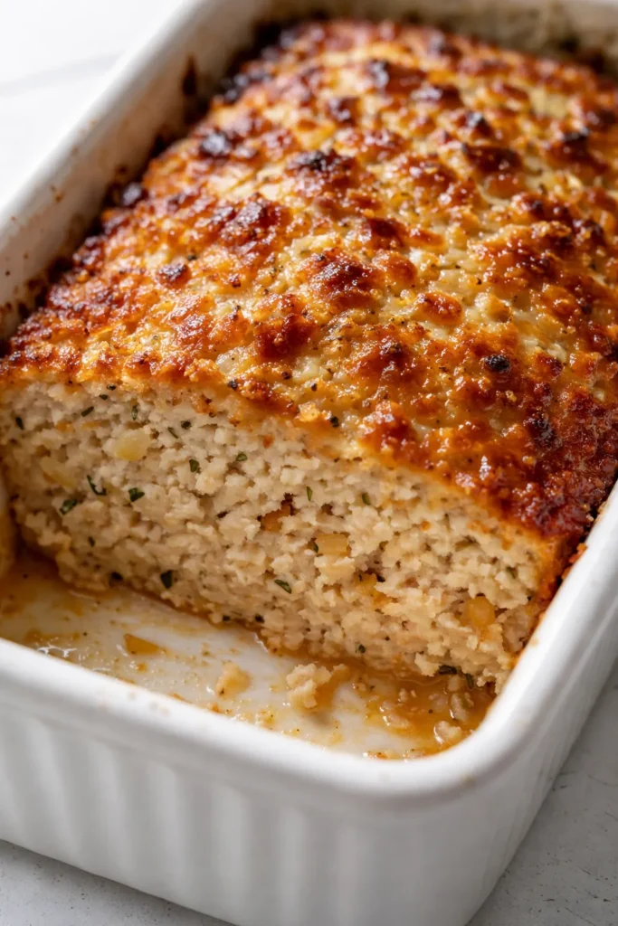 Garlic Parmesan Chicken Meatloaf sliced to show moist interior with golden parmesan crust and herbs.