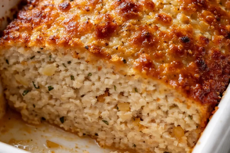Garlic Parmesan Chicken Meatloaf sliced to show moist interior with golden parmesan crust and herbs.