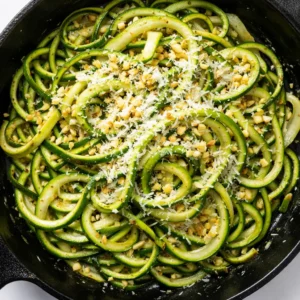 Steaming bowl of garlic parmesan zucchini noodles with melted cheese and black pepper, ready in 15 minutes.