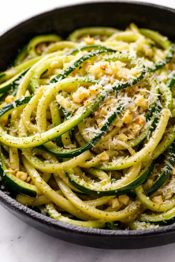 Garlic Parmesan zucchini noodles pasta in a white bowl, topped with grated Parmesan and fresh parsley, tender al dente texture.