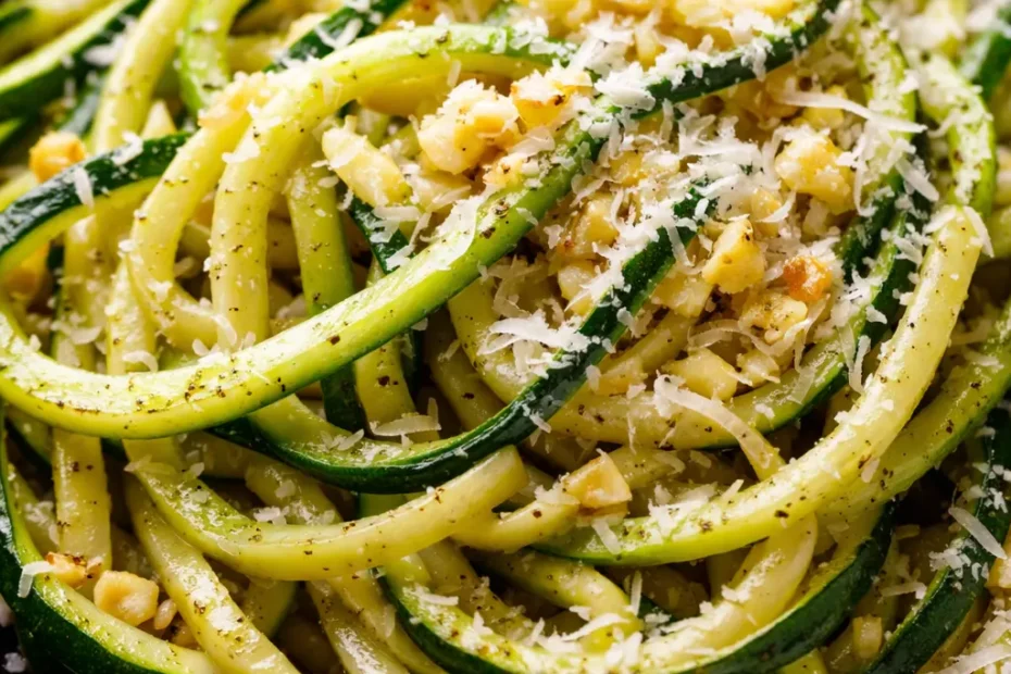 Garlic Parmesan zucchini noodles pasta in a white bowl, topped with grated Parmesan and fresh parsley, tender al dente texture.