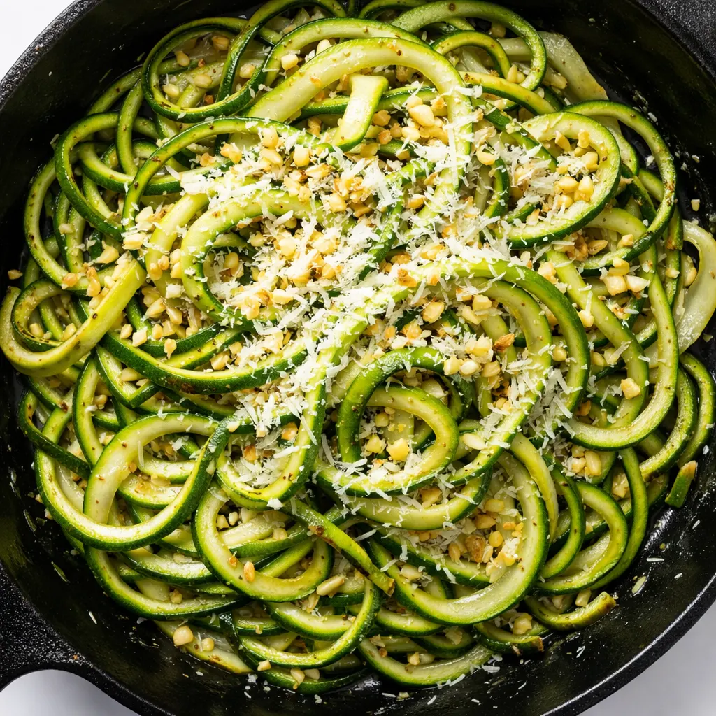 Steaming bowl of garlic parmesan zucchini noodles with melted cheese and black pepper, ready in 15 minutes.