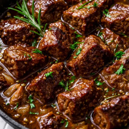 Tender garlic and rosemary beef tips in a rich, silky gravy, glossy and brown, with visible herb flecks, served on a plate.