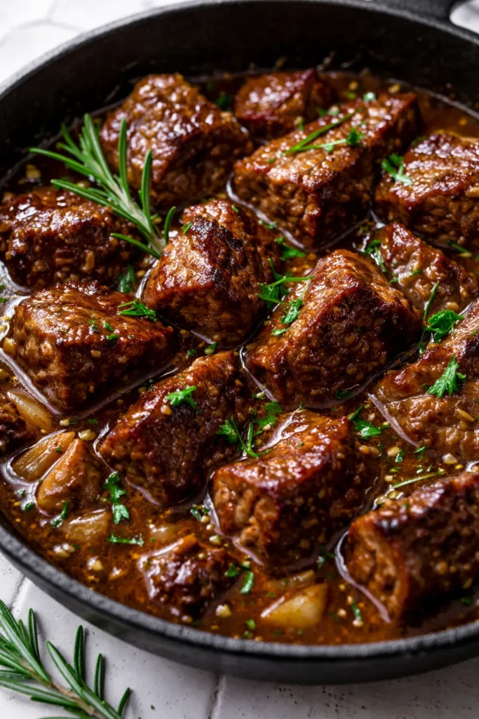 Tender garlic and rosemary beef tips in a rich, silky gravy, glossy and brown, with visible herb flecks, served on a plate.