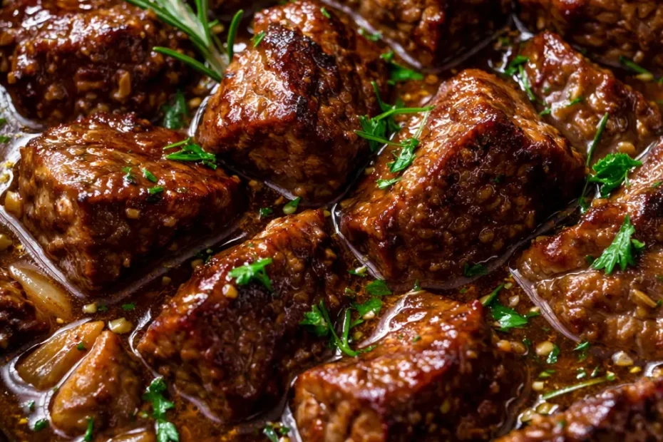 Tender garlic and rosemary beef tips in a rich, silky gravy, glossy and brown, with visible herb flecks, served on a plate.