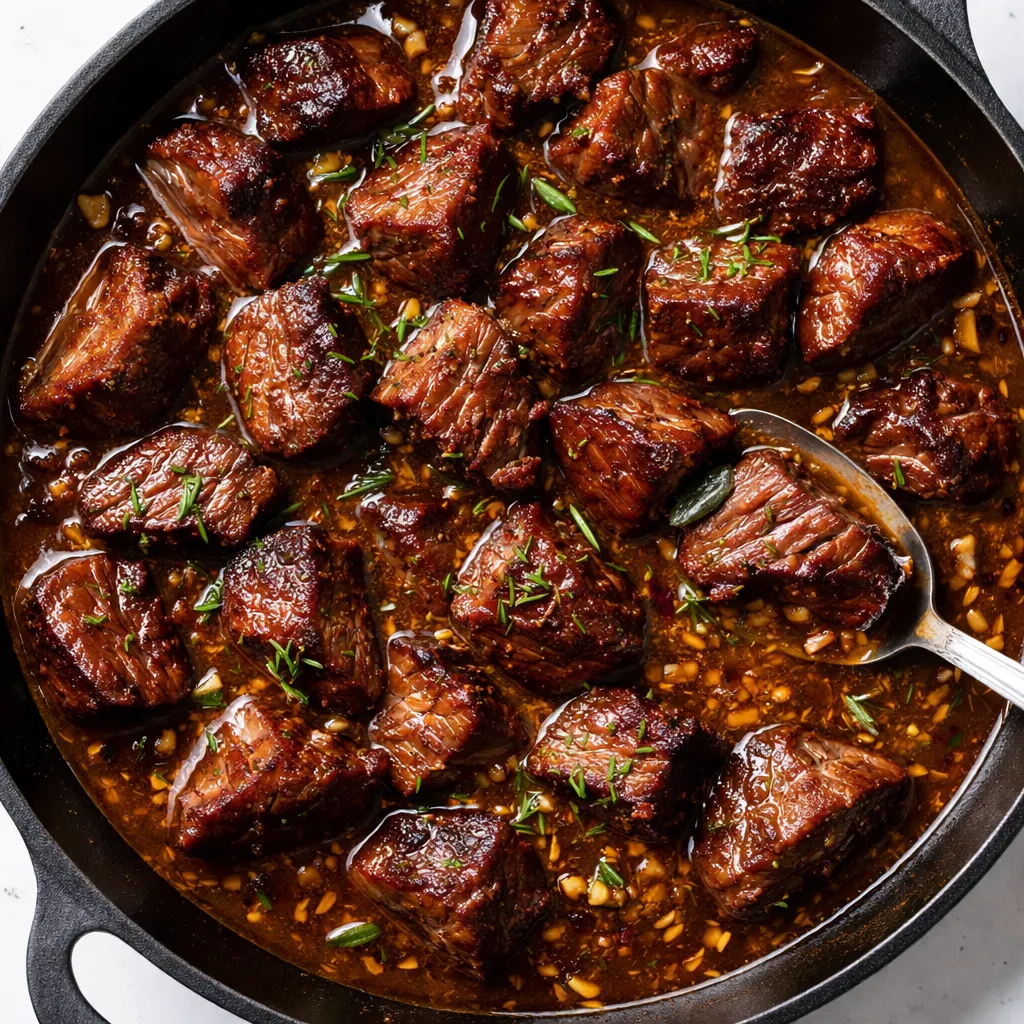 Sizzling beef tips with garlic cloves and fresh rosemary in a hot cast iron pan, developing a deep brown crust for silky gravy.
